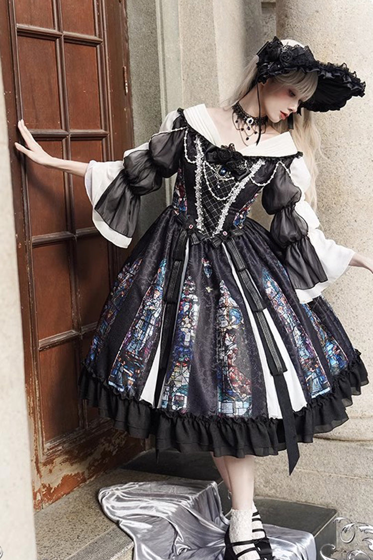 Black Stained Window Print Ruffle Bowknot Gothic Elegant Lolita Jsk Dress