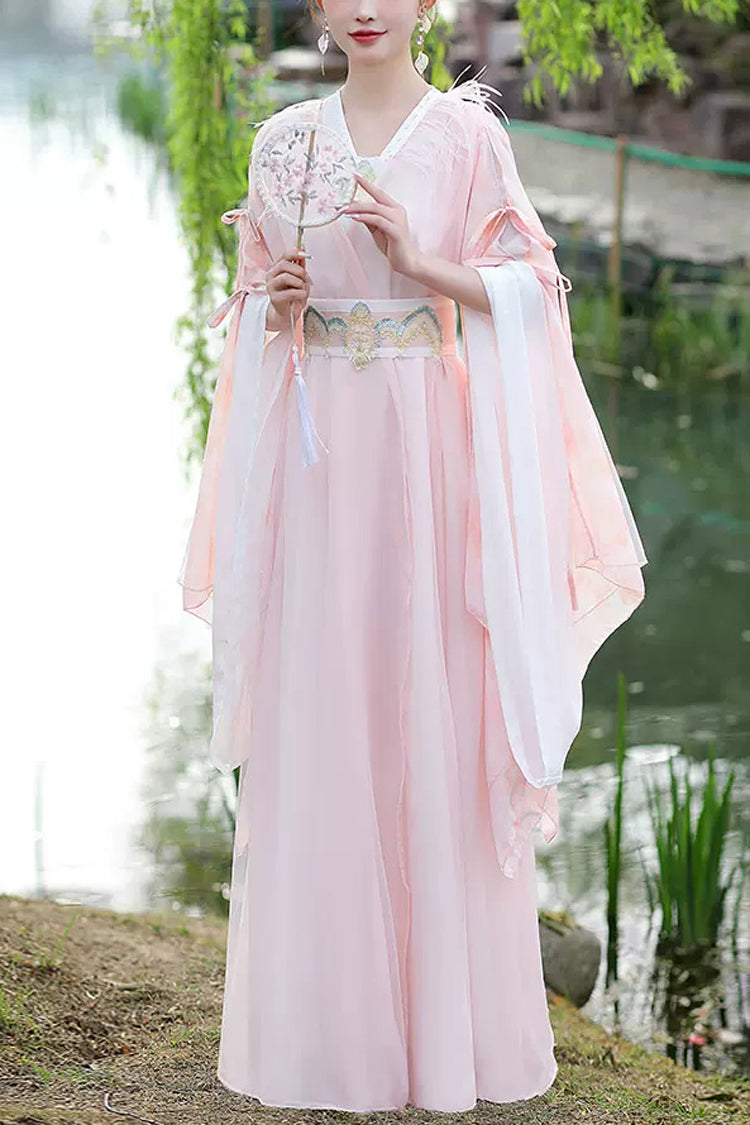 Pink V Collar High Waisted Lace-Up Women's Sweet Hanfu Dress