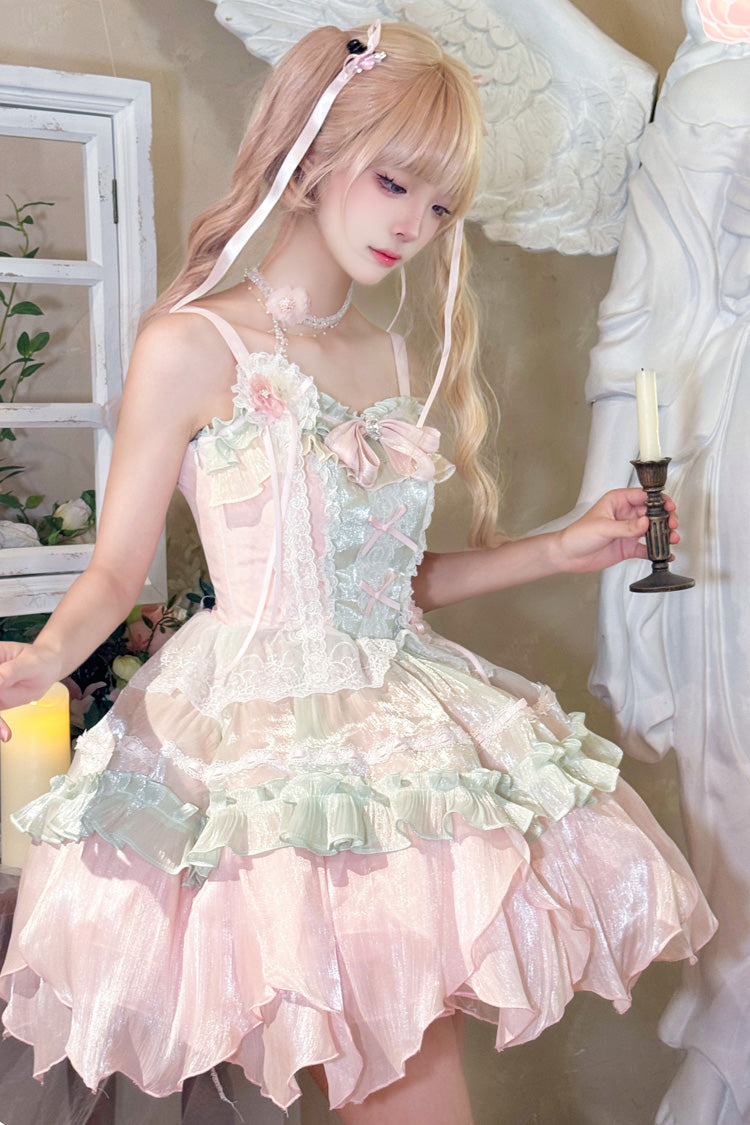 Pink/Green Summer Garden Ruffle Embroidery Bowknot Lace Sweet Lolita Jsk Short Dress