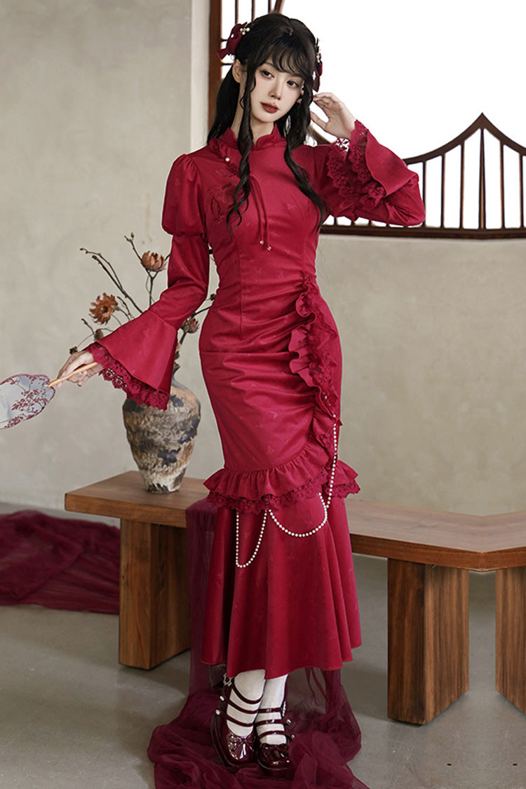 Rotes, langärmliges, gerüschtes, besticktes Schleifenkleid mit Spitze im klassischen chinesischen Stil, elegantes Lolita-Kleid