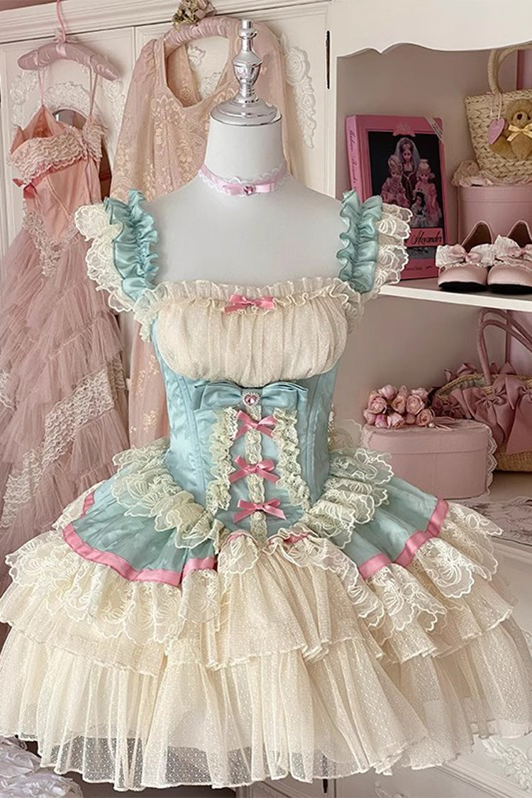 Blue/White [Girly Scent] Triple-Layered Ruffle Bowknot Lace Sweet Ballet Lolita Dress