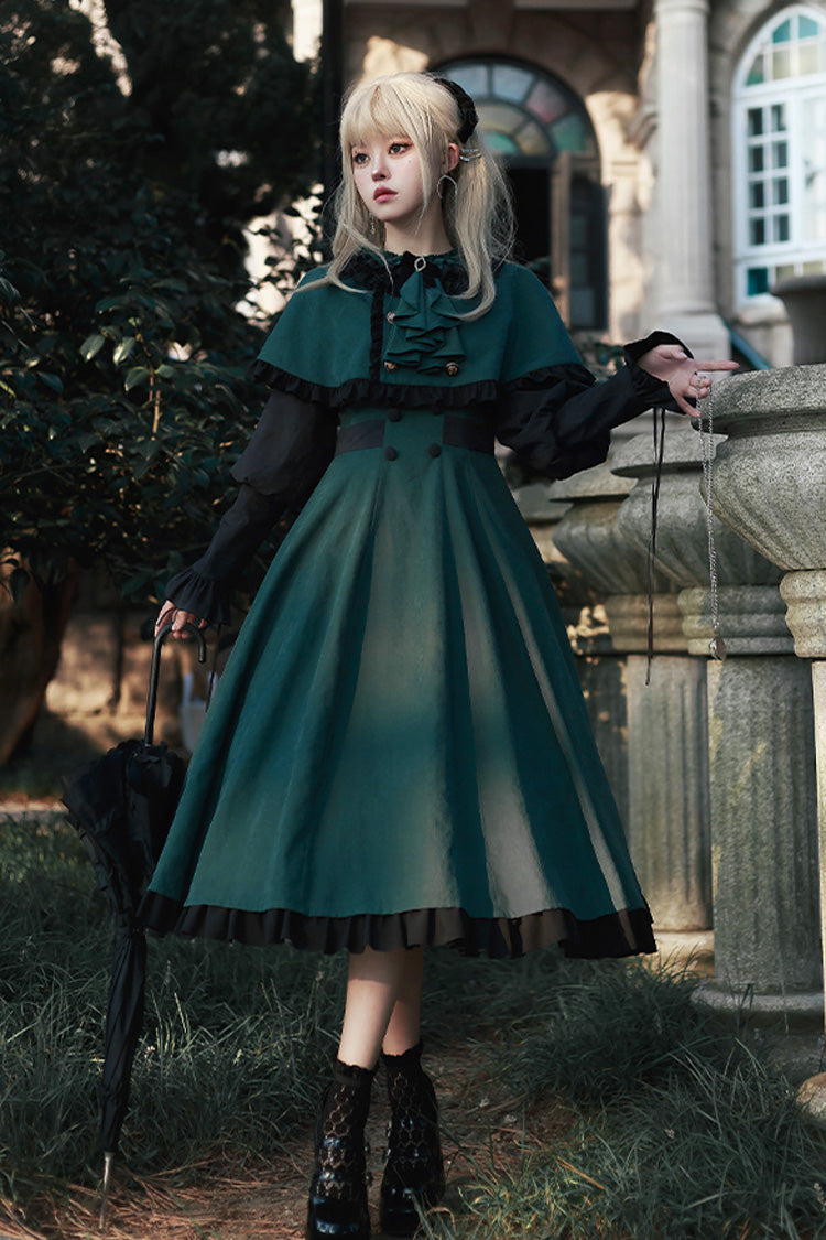 Green [Potions School] Long Sleeves Ruffle Bowknot Sweet Elegant Lolita Dress Two-piece Set