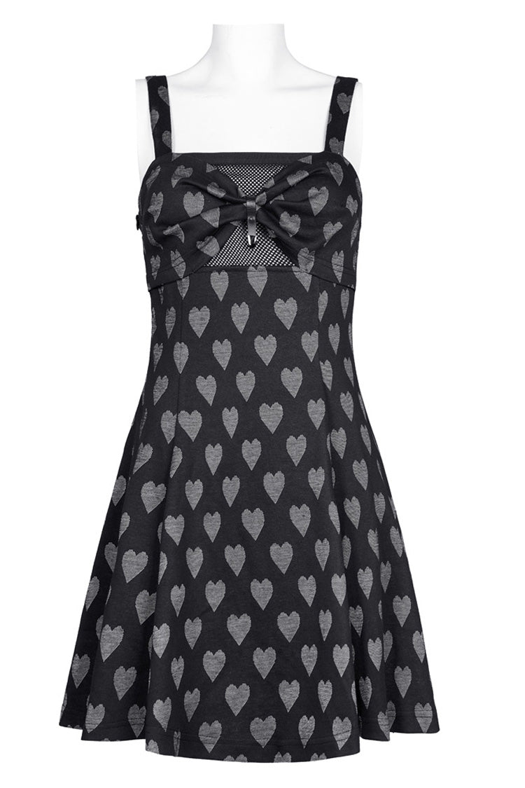 Schwarz/graues Hosenträgerkleid mit Herz-Print-Muster, hohlem Mesh, Metall-PU-Schnalle und Schleife, ärmellos, Punk-Kleid für Damen