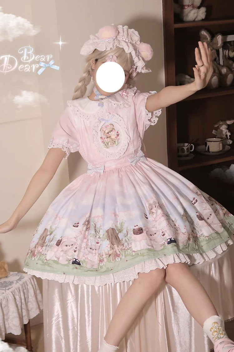 Multi-Color Neverland Manor Spring Bear Print Ruffle Bowknot Sweet Lolita Dress