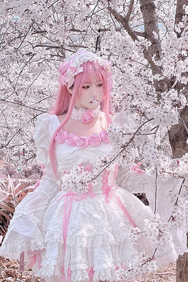 White/Pink Puff Short Sleeves Princess Gothic Lolita Tiered Dress