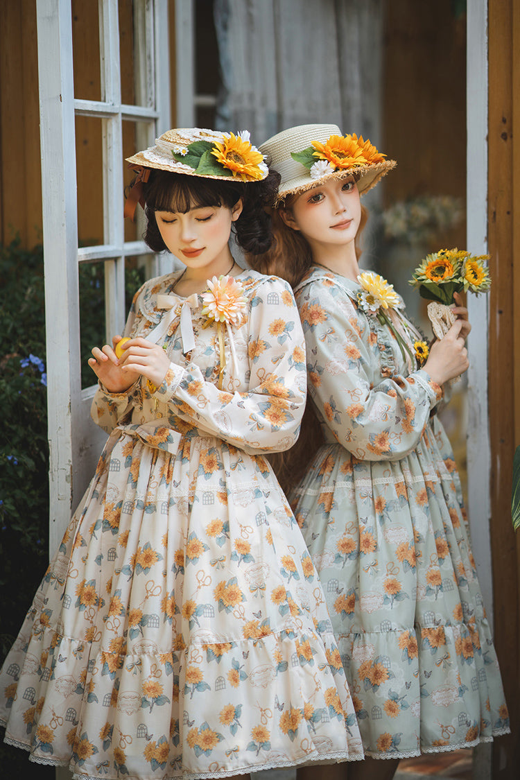 Apricot [Gardening Sunflower] Long Sleeves Print Ruffle Bowknot Sweet Elegant Lolita Dress