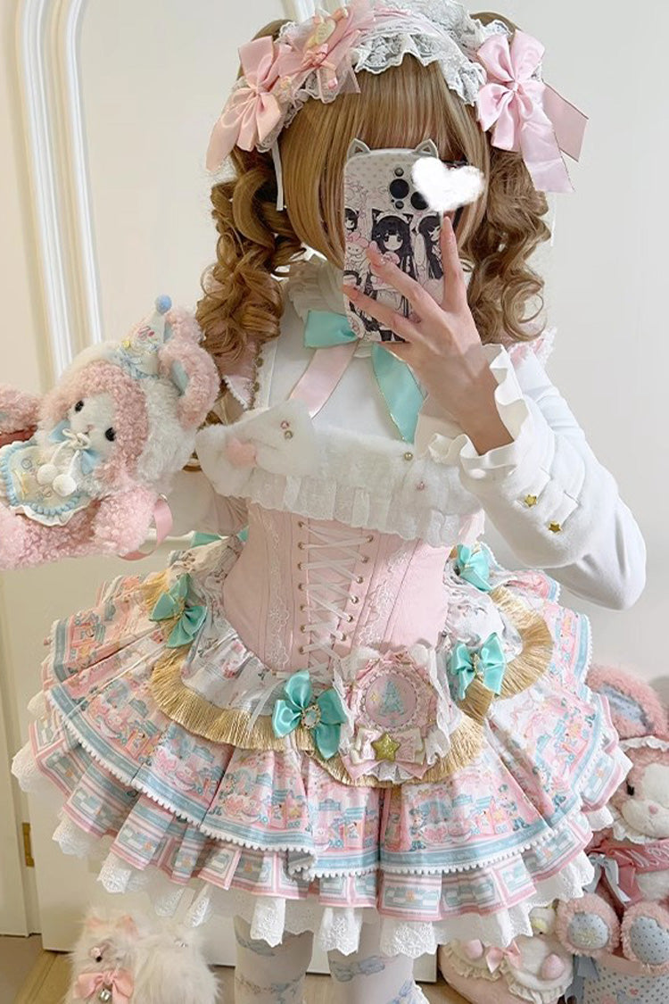 Pink [Candy House] Multi-Layered Print Ruffle Bowknot Lace-Up Sweet Ballet Lolita Jsk Dress