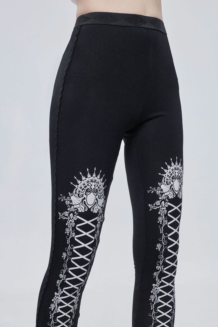 Schwarz/Weiß Gothic Gedruckt Dekoration Binden Seil Elastizität Damen Leggings