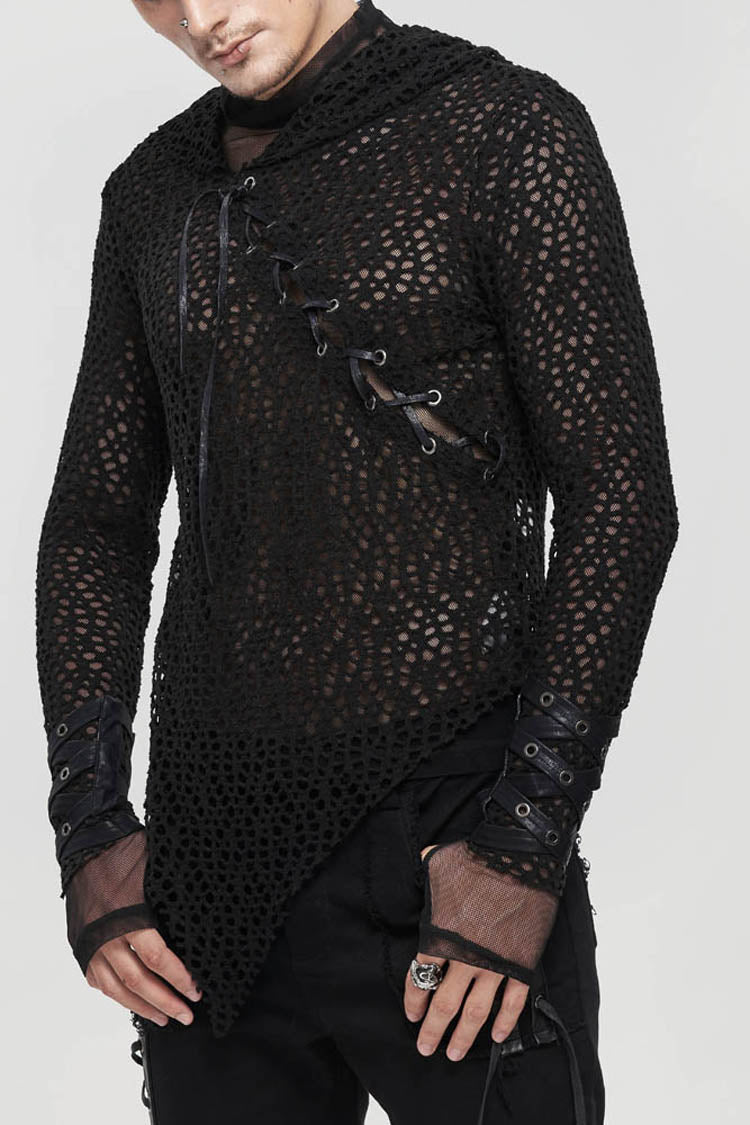 Black Punk Long Sleeve Elasticity Big Hole Mesh Drawstring Design Irregular Hooded Men's Shirt