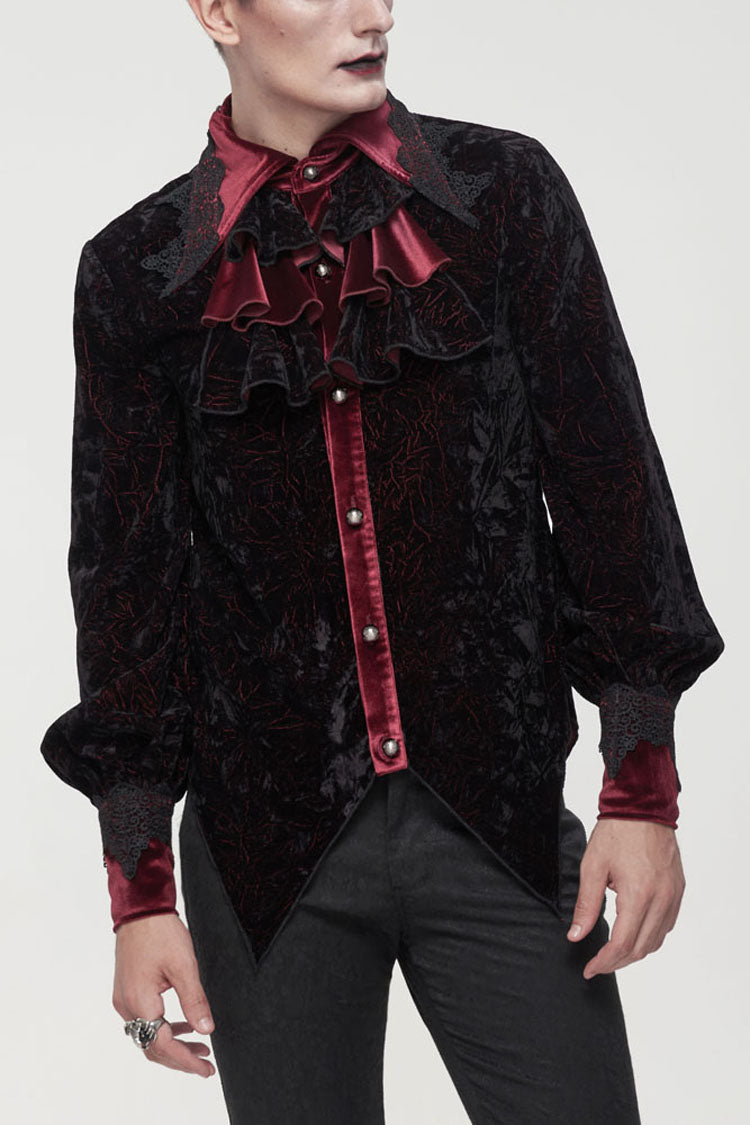 Black/Red Gothic Lace Stand Collar Ruffle Lantern Sleeves Velvet Crack Men's Shirt