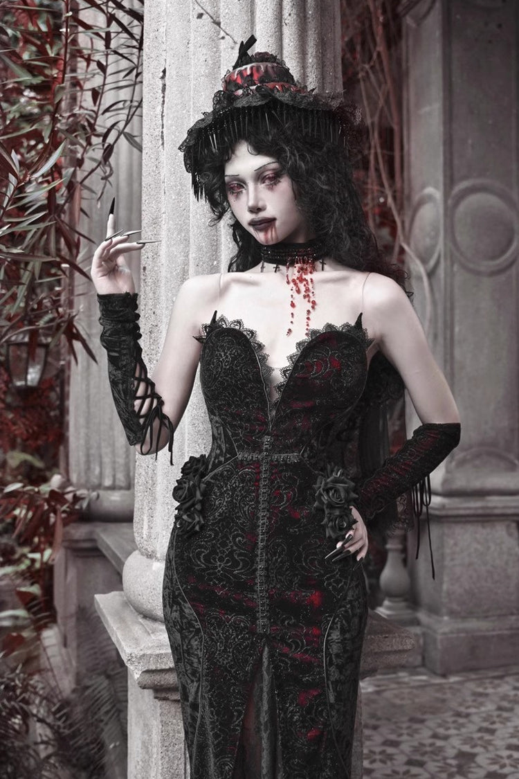 Black/Red [Scarlet Blood Peak] Sleeveless High Waisted Ruffle Embroidery Lace Gothic Lolita Fishtail Dress