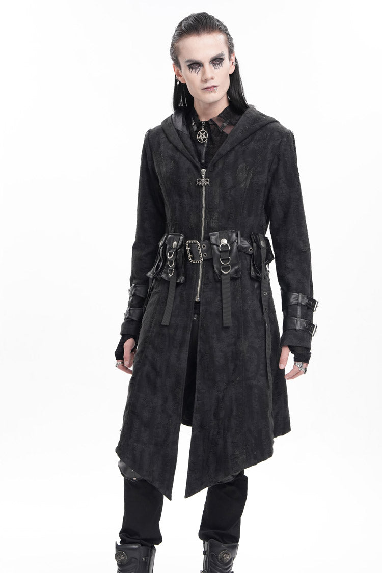 Black Buckle-up Eyelets Long Sleeves Hooded Men's Gothic Jacket