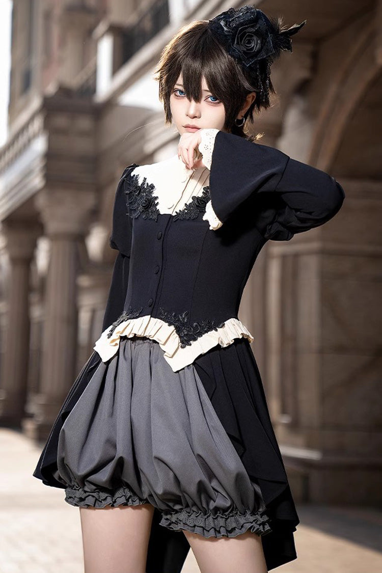 Black [Eternal Night Feast] Long Sleeves Gothic Prince Handsome Ouji Lolita Tailcoat Top and Shorts Set