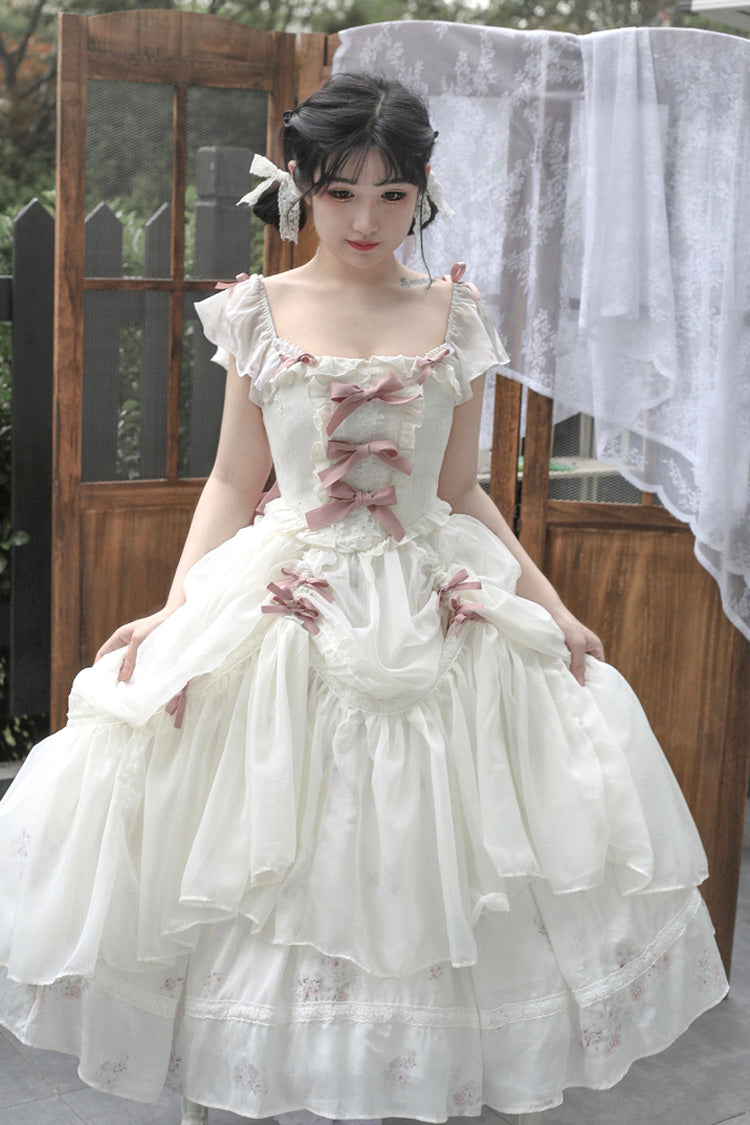 Rose Elegant Short Sleeves Print Ruffle Bowknot Sweet Plus Size Lolita Dress 2 Colors