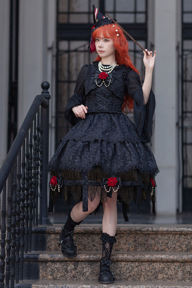 Black [Apprentice Witch] Double-Layered Ruffle Lace Gothic Lolita Skirt