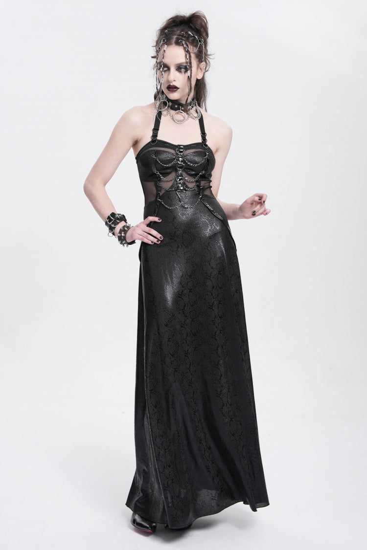 Black Halterneck Stitching Mesh Chained Women's Punk Dress