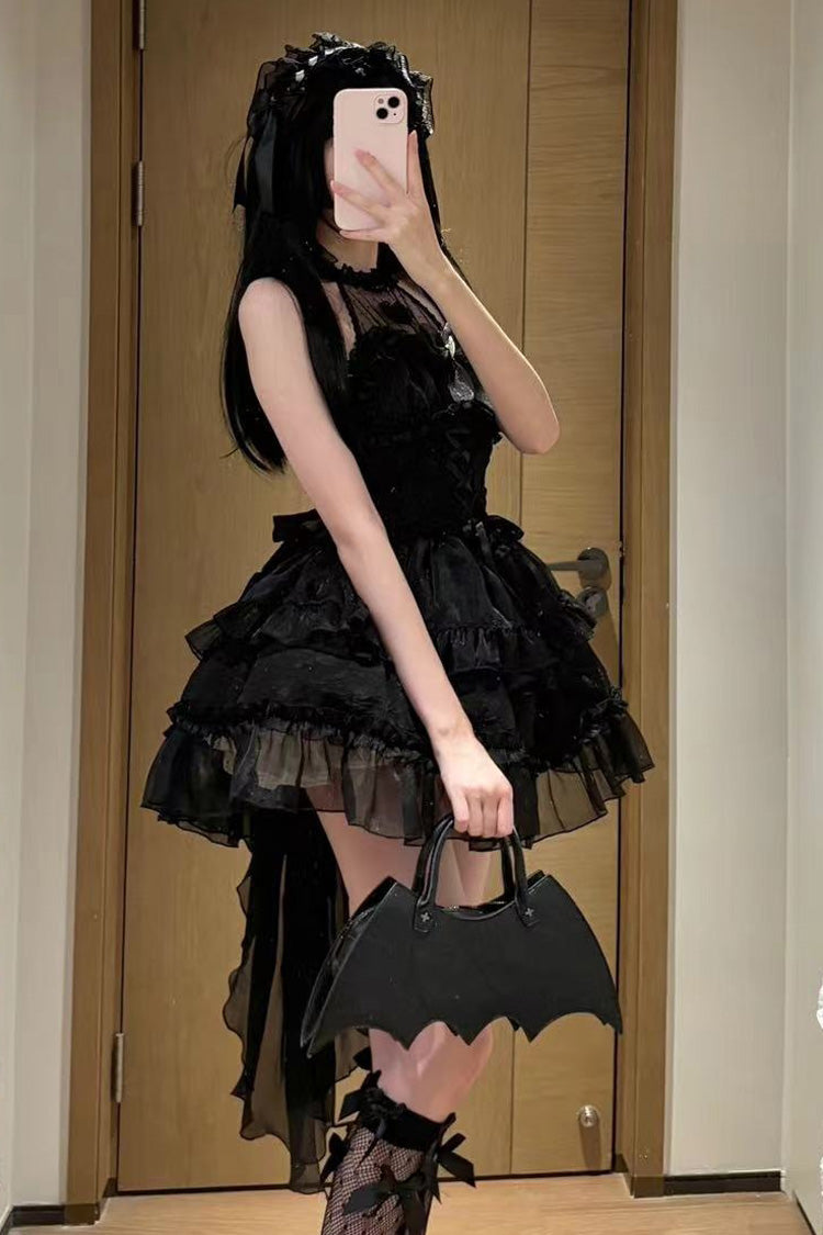 Schwarzes Neckholder-Dreischichtiges Gothic-Lolita-JSK-Kleid mit Schleife und Spitze