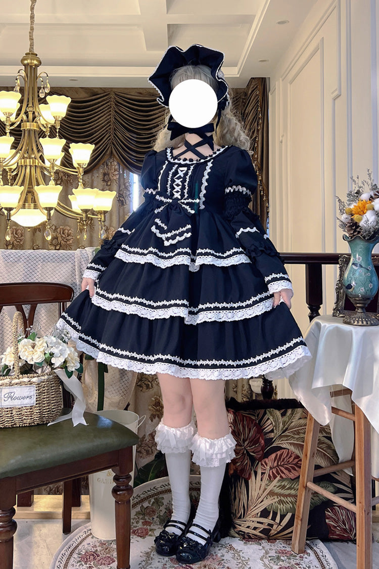 Schwarzes dreilagiges Gothic Lolita Kleid mit abnehmbaren Ärmeln und Schleife zum Schnüren