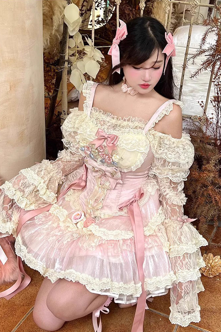 Pink Delicate Lace Flowers Love Song Bowknot Lace Sweet Lolita Dress