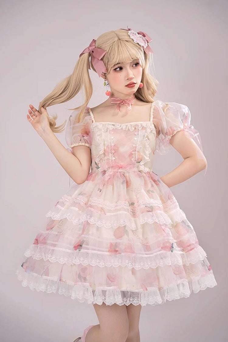 Pink Chiffon Organza Short Sleeves Multi-layer Peach Print Sweet Lolita Jsk Dress