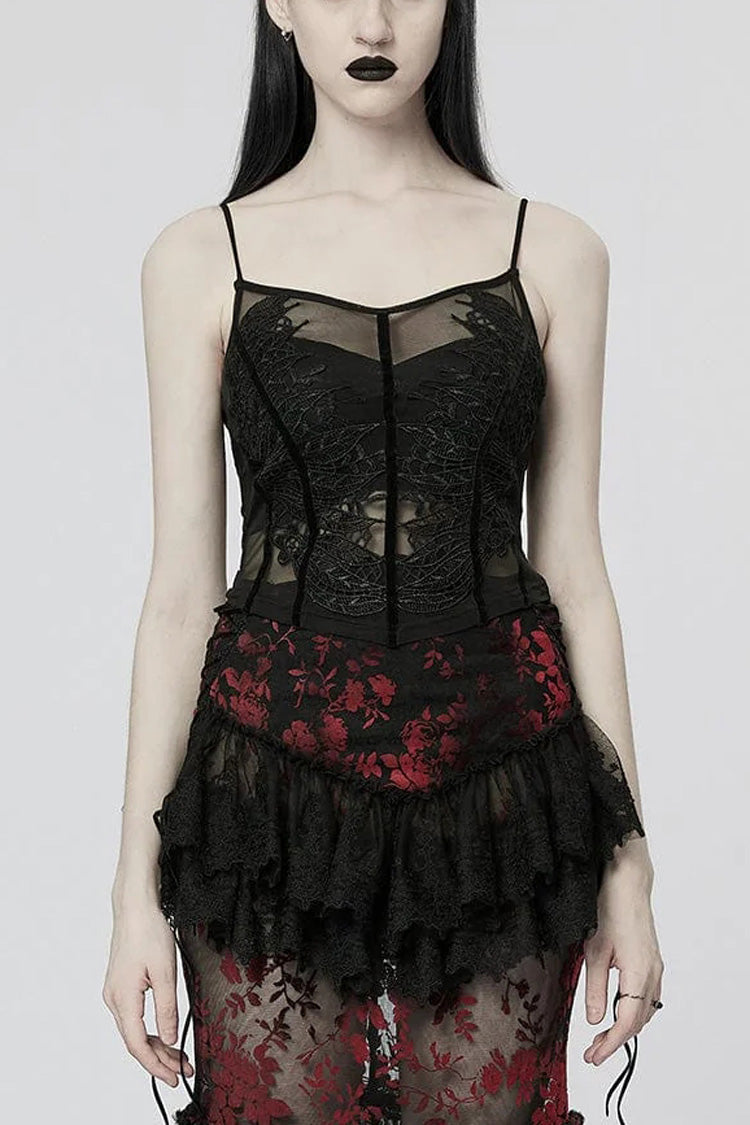 Schwarze ärmellose Spitze schmale transparente Gothic-Sling-Weste für Damen