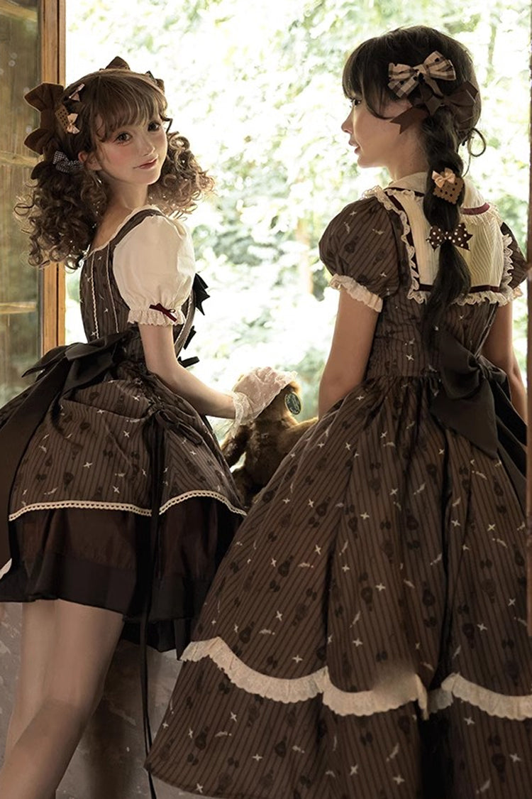 Brown Moro Coco [Hot Air Balloon] Print Ruffle Bowknot Sweet Elegant Princess Lolita Dress Long Version