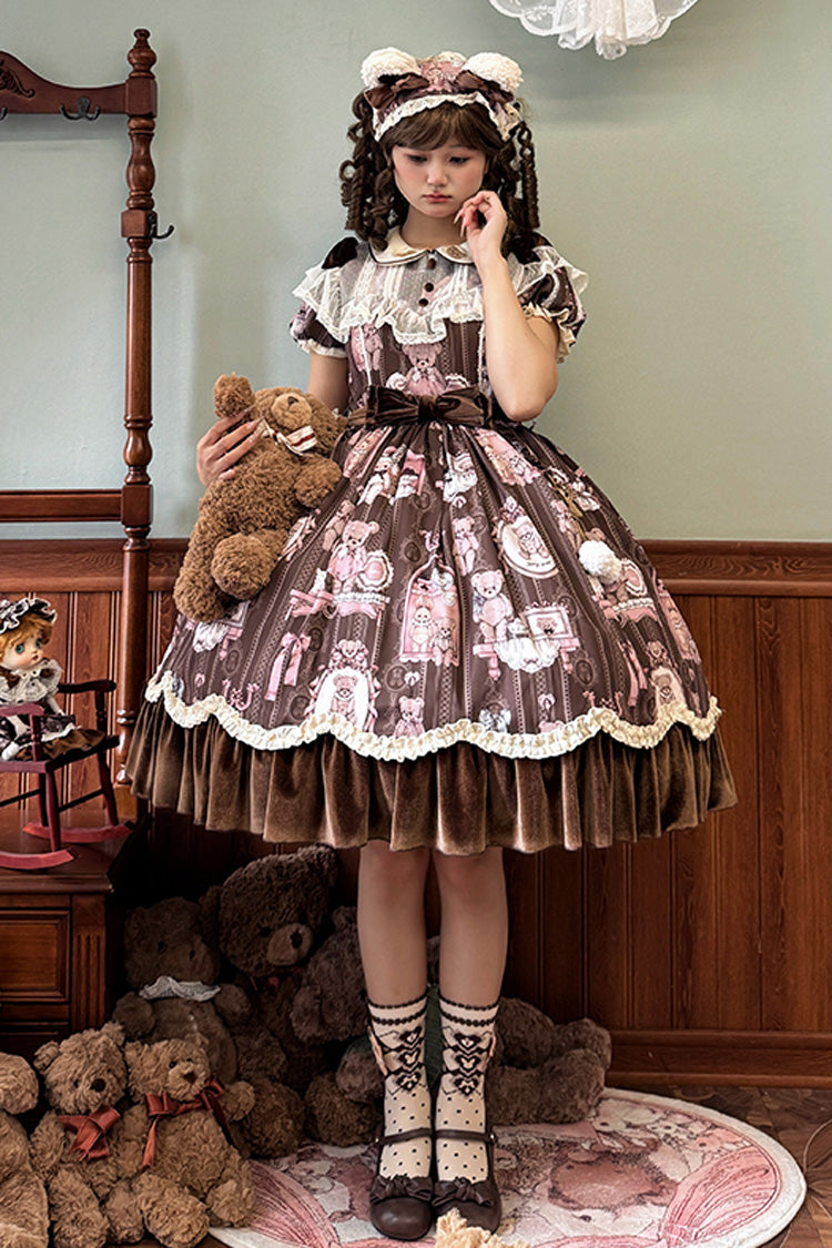 Brown Bear Doll Wall Print Short Sleeves Ruffle Embroidery Bowknot Sweet Lolita Dress