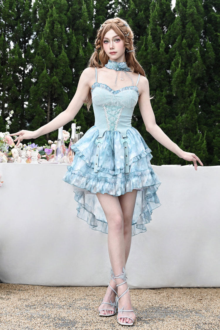 Blue [Mirrorless Dream] Double-Layered Tie-dyed Print Ruffle Bowknot Lace Train Sweet Lolita Jsk Dress