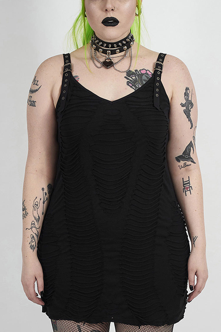 Schwarzes, unregelmäßig gestricktes Punk-Sling-Kleid mit Ösen aus Metal für Damen in Übergröße