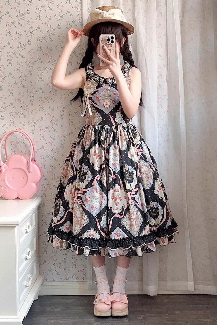 Cat Rose Tea Sleeveless Print Ruffle Bowknot Sweet Lolita Jumper Dress Version2 3 Colors