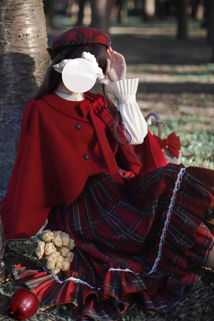 Rotes [Rotkäppchen] Doppellagiges, kariertes Rüschen-Schleifen-Pulloverkleid im Vintage-Stil mit süßer Lolita-Kleidung