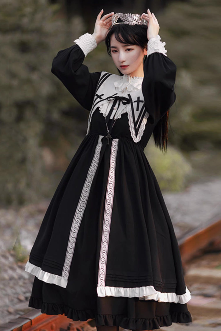 Schwarzes Gothic Lolita-Stufenkleid mit Schleife und Rüschen