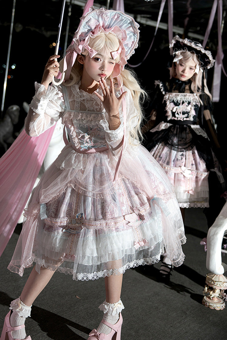 Pink/Blue [Pegasus Park] Multi-Layered Print Ruffle Bowknot Lace Sweet Gorgeous Lolita Jsk Dress