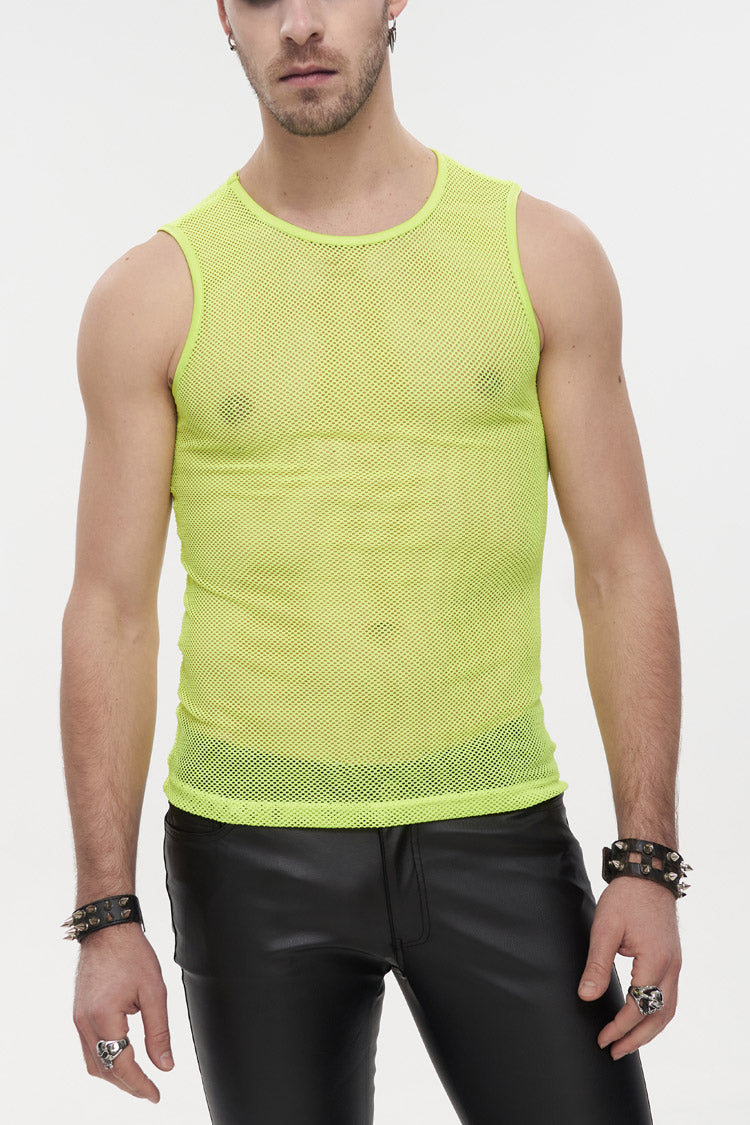 Yellow Elasticity Perspective Rhombus Net Yarn Sleeveless Men's Gothic T-Shirt