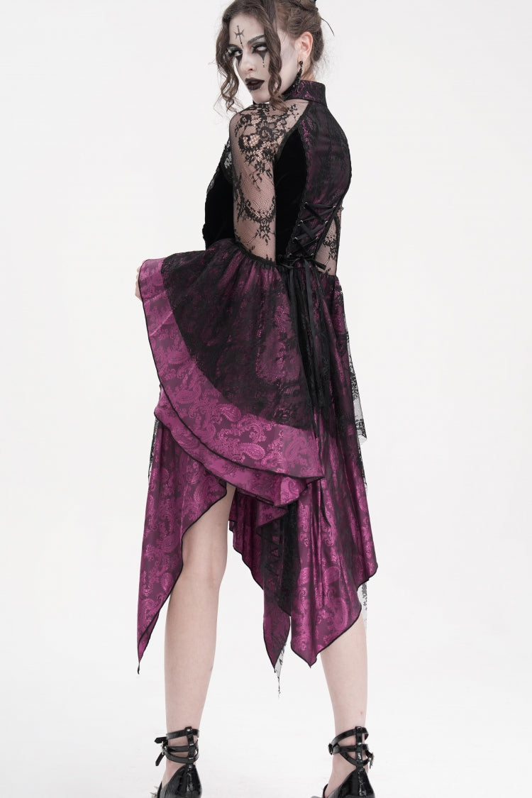 Black/Purple Long Sleeves Embroidery Lace Lace-Up Irregular Sheer Mesh Women's Gothic Dress