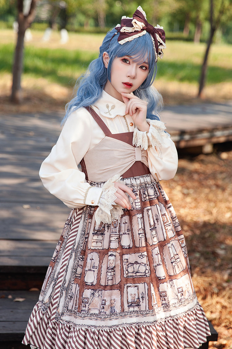 Brown [Underground Bear] Print Ruffle Bowknot Sweet Lolita Dress