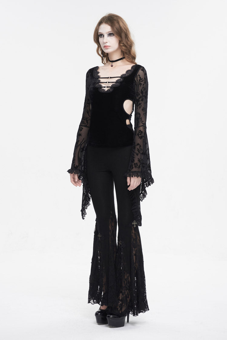 Black Plunging Flared Sleeved Mesh Splice Women's Punk Shirt