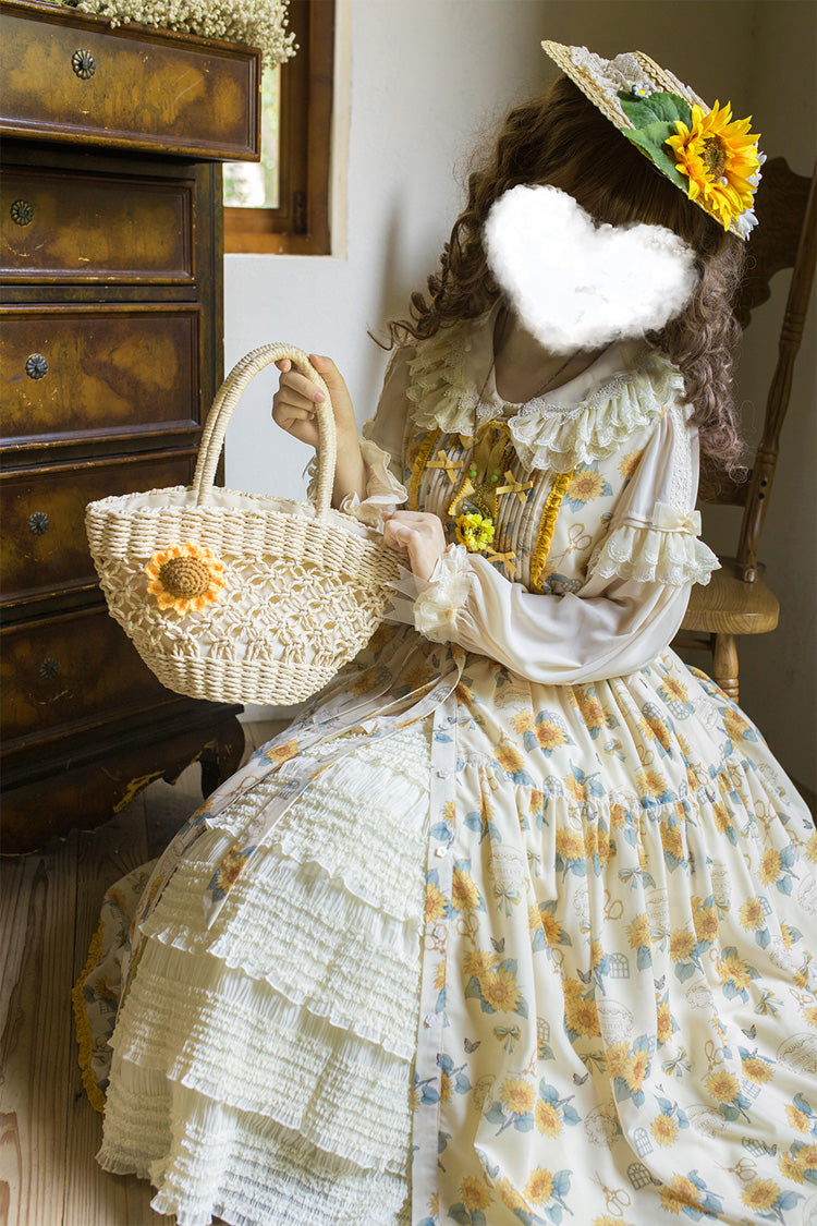 Apricot [Gardening Sunflower] Sleeveless Print Ruffle Bowknot Sweet Elegant Lolita Jsk Dress