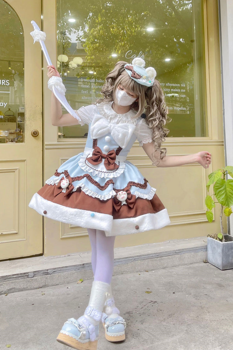 Blue/Brown [Cream Snow Cat] Winter Ruffle Bowknot Sweet Lolita Jsk Dress