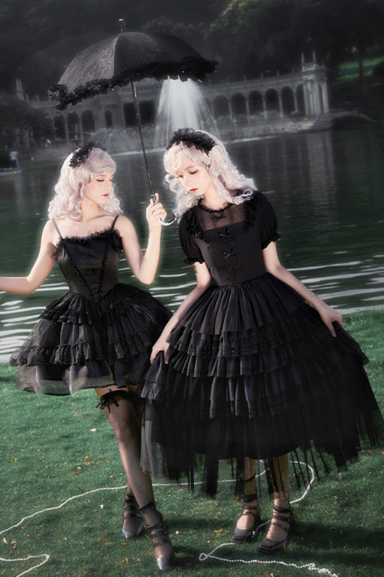 Schwarzes Twin Ivory Towers kurzärmliges fünflagiges Gothic Lolita-Kleid mit Rüschen