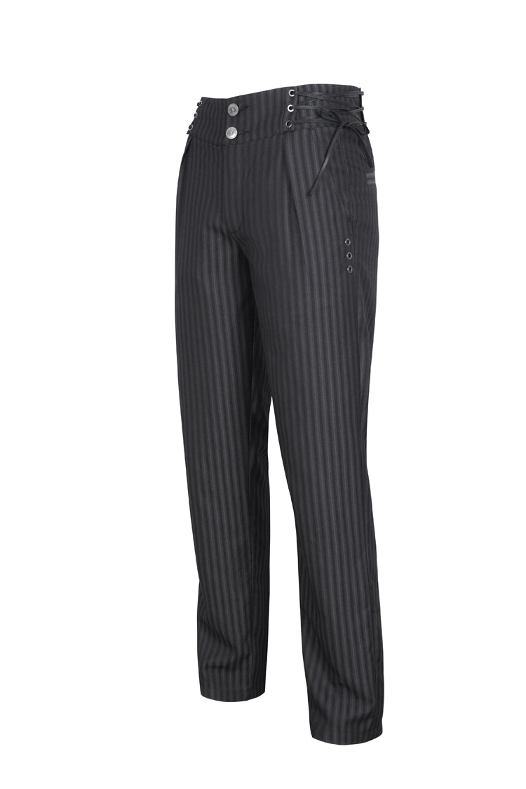 Black High Waisted Lace-Up Striped Men's Gothic Pants