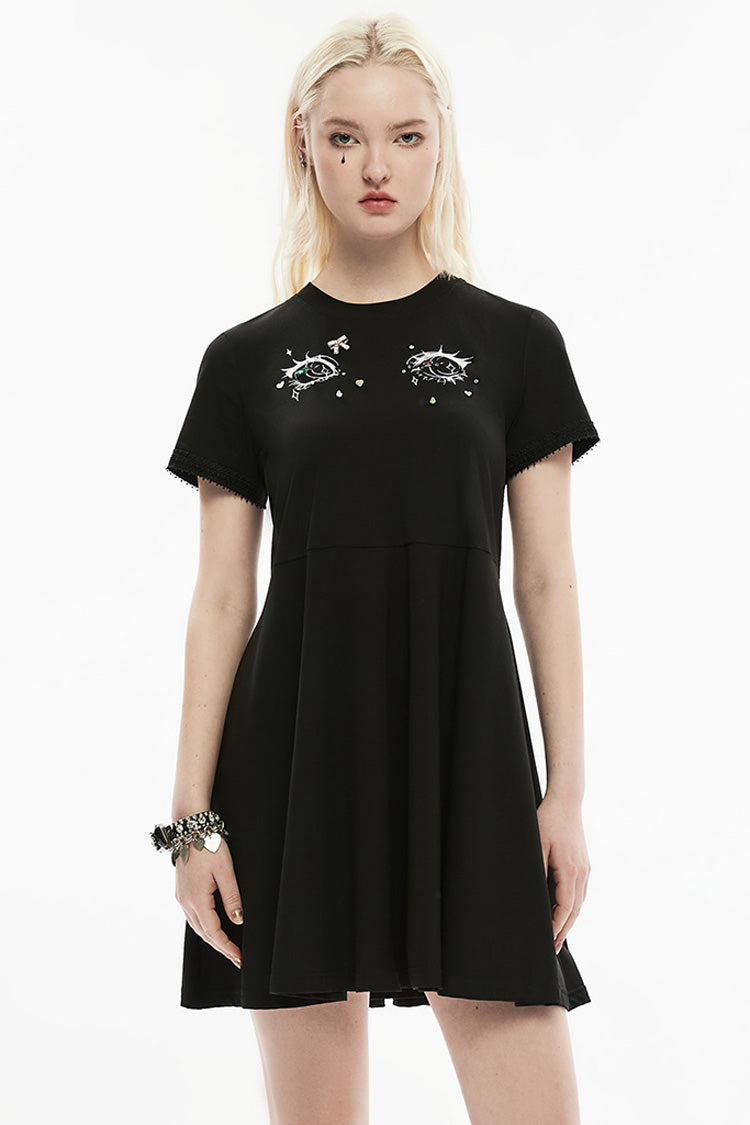 Black Short Sleeves 3D Eyes Screen Print Lace Women's Punk Dress