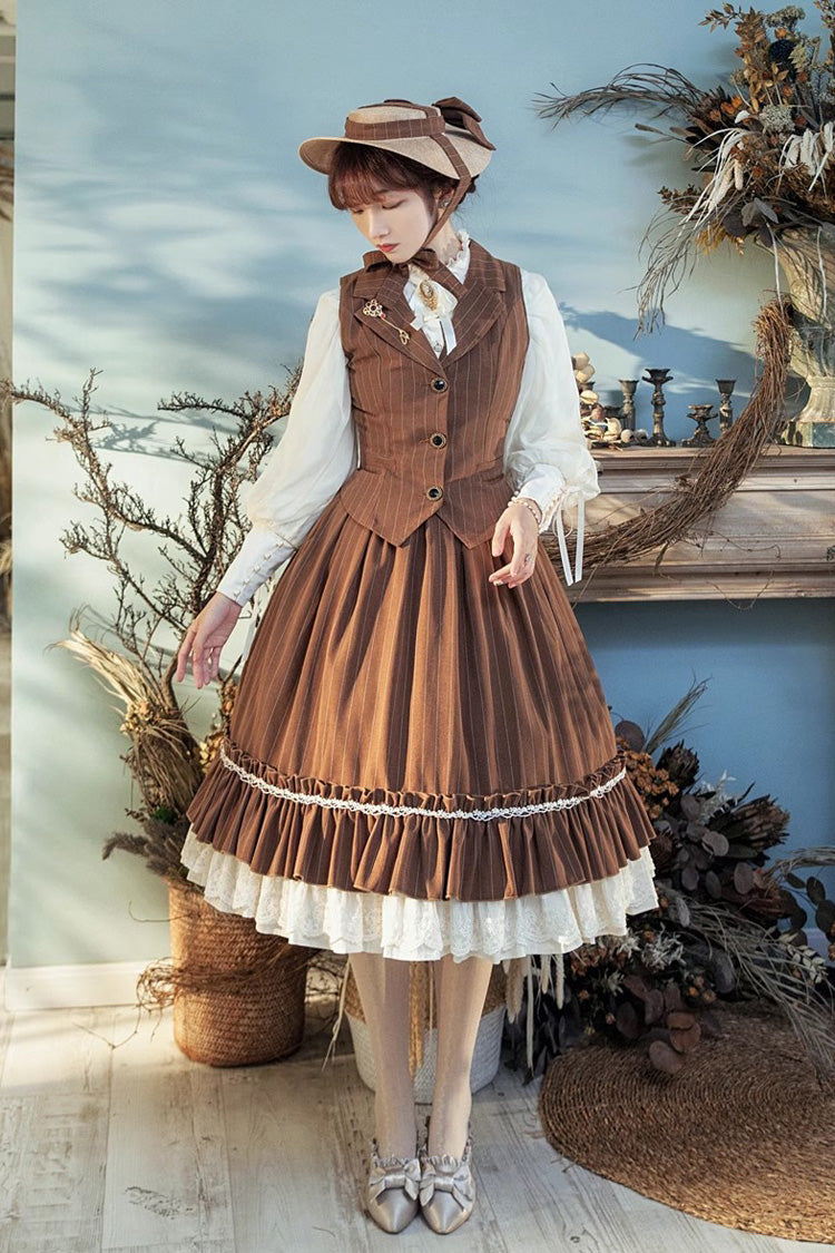 Multi-layer Striped Print Ruffle Sweet College Style Elegant Lolita Skirt 3 Colors