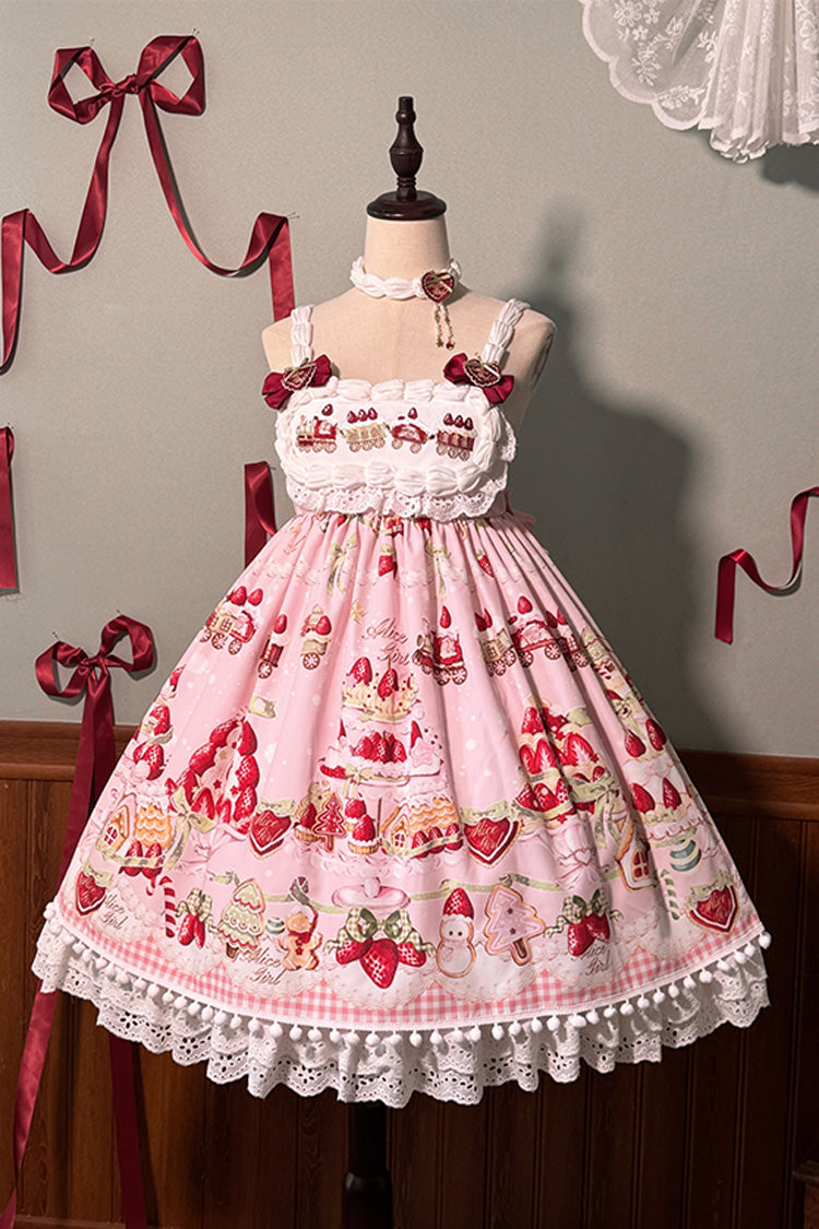 Süßes Lolita JSK-Kleid mit Rüschen und Schleife, Mint, Erdbeer-Dessert-Print, hoher Taille, 4 Farben