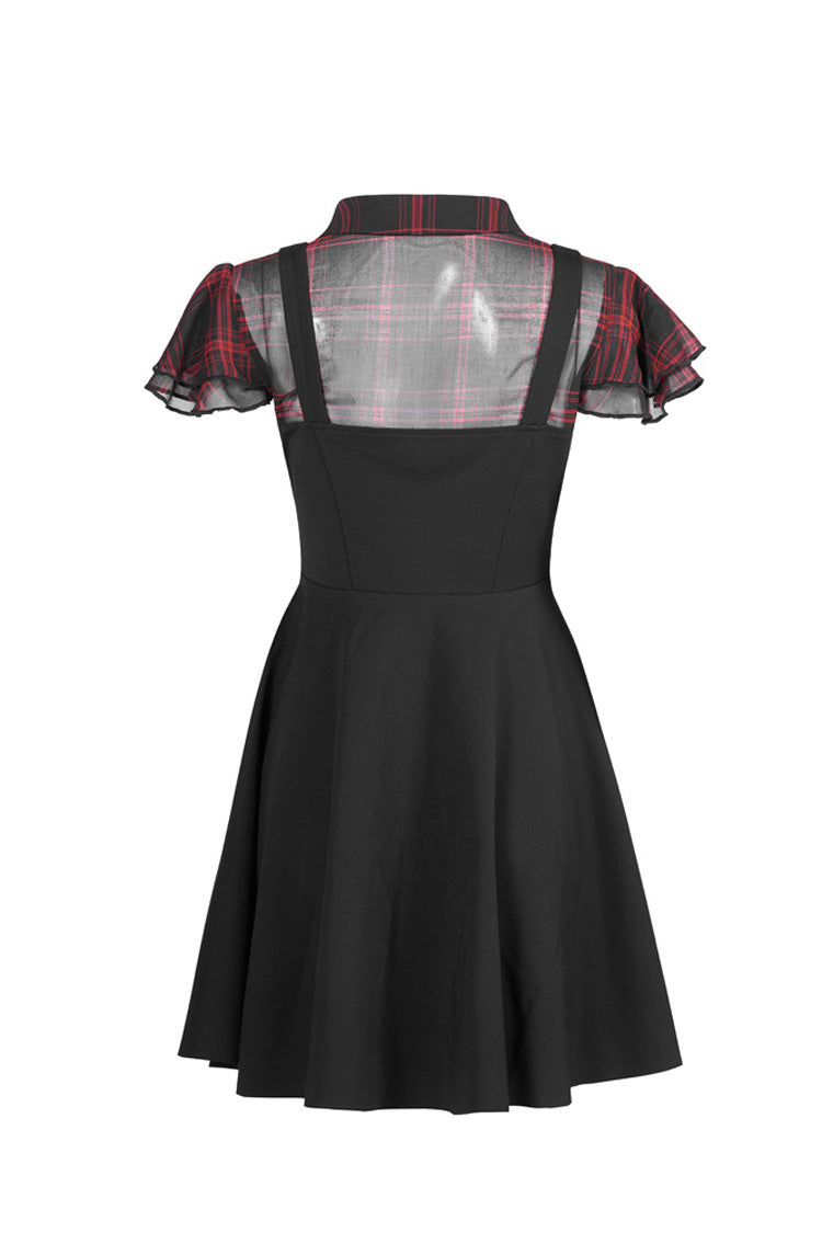 Black/Red V-Neck Ruffled Short-Sleeved Check Chiffon Waisted Skull Stud Women's Punk Dress