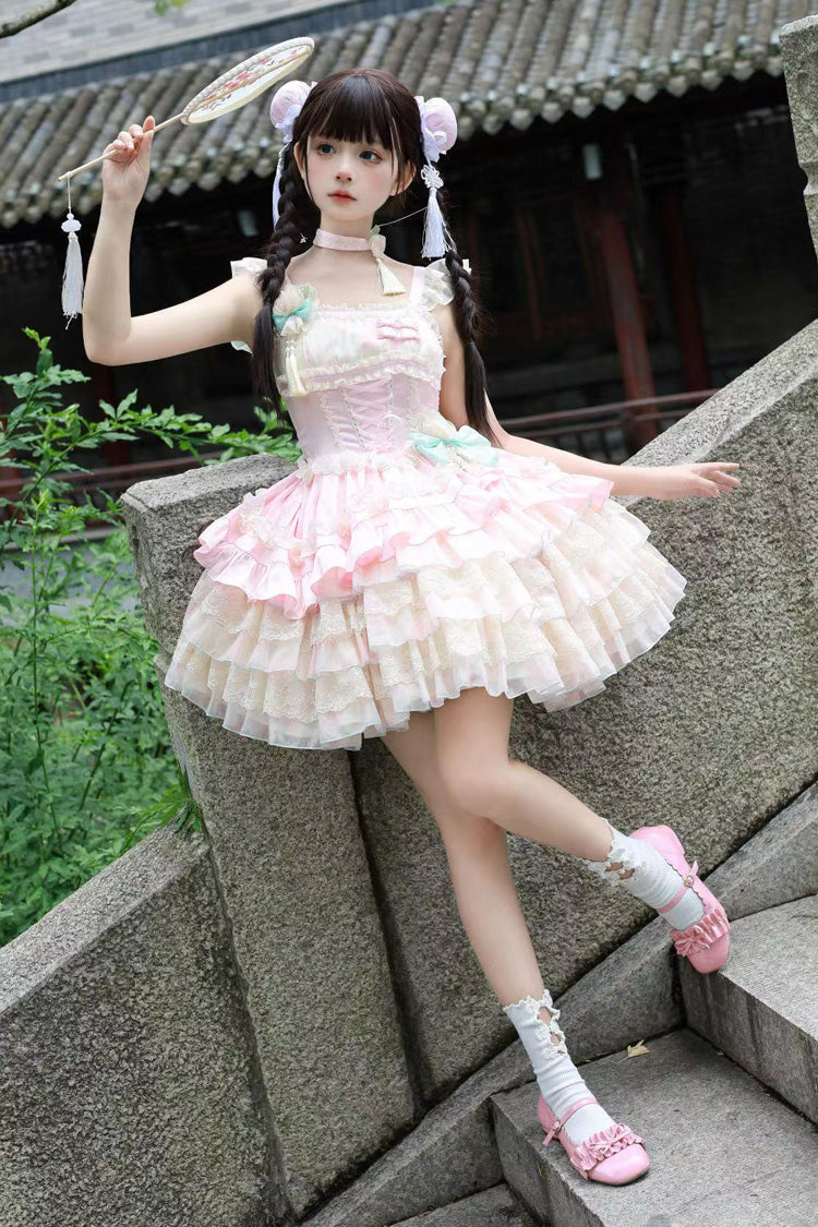 Ancient Poetry Print Multi-layer Ruffle Bowknot Lace Sweet Chinese Style Lolita Tiered Dress 2 Colors