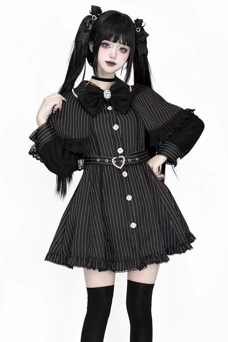 Black Long Sleeves Stripe Print Removable Cape Ruffle Lace Gothic Jirai Kei Elegant Dress