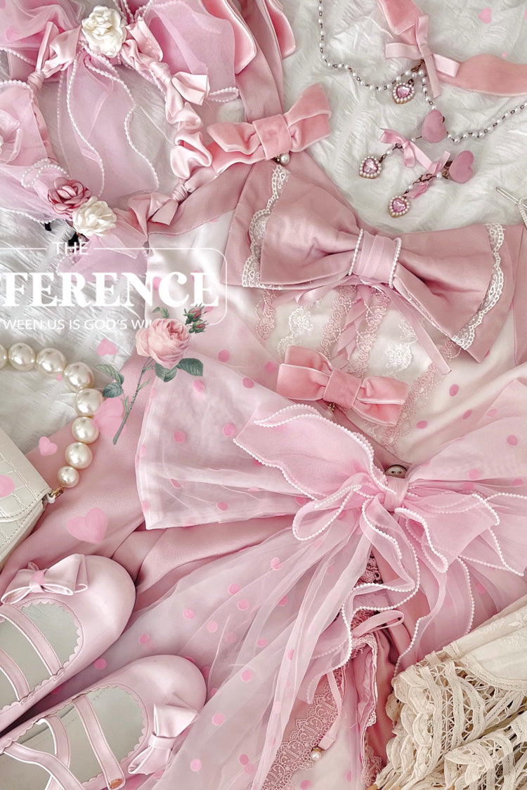 Pink [Polka Waltz] Sleeveless Print Bowknot Stitching Lace Sweet Lolita Jsk Dress