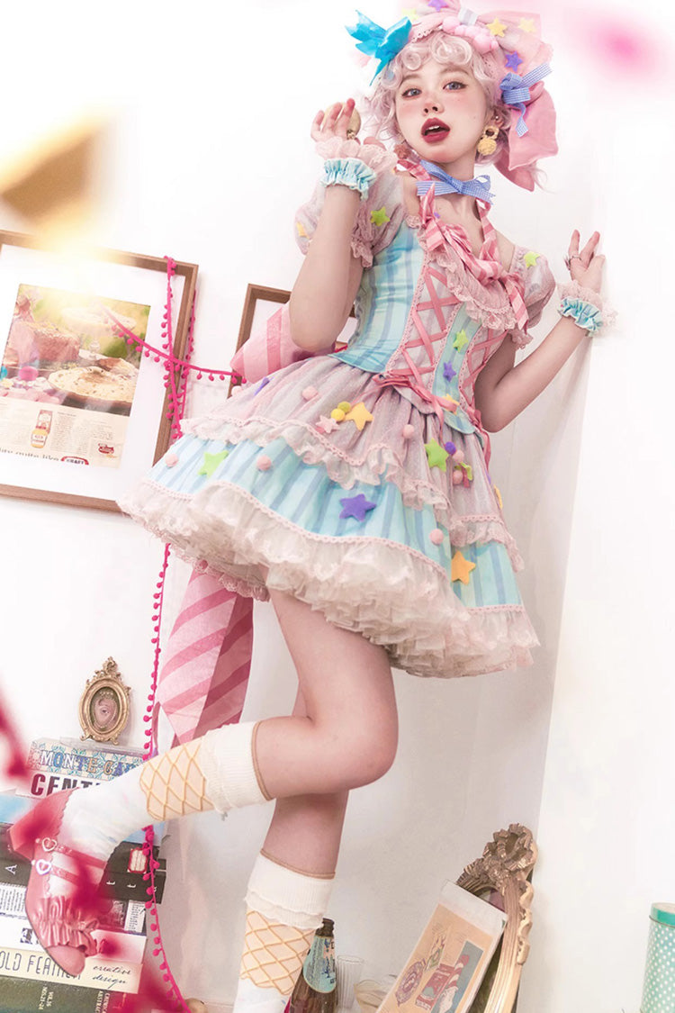 Pink [Sugar Magic] Print Ruffle Bowknot Lace Lace-Up Sweet Lolita Dress