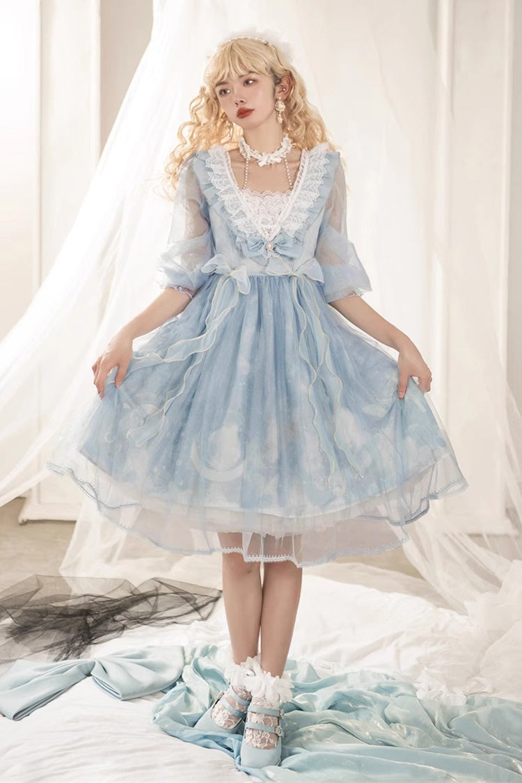 Blaues süßes Lolita-Kleid mit Rüschenspitze und Planeten-Schmetterlings-Print